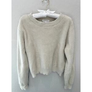 DOWNEAST | Beige Neutral Cozy Fuzzy Crewneck Cropped Everyday Sweater | Medium